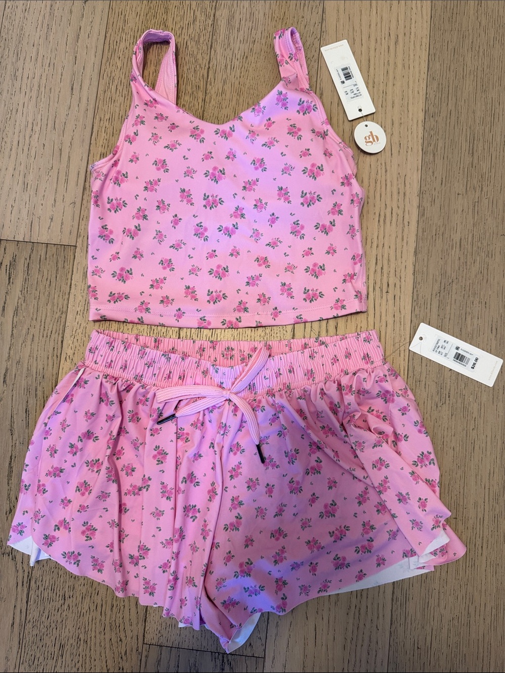 NWT GB Girls Soft Petal Print Active Tank Top & Mid Rise flippy shorts/skort, L